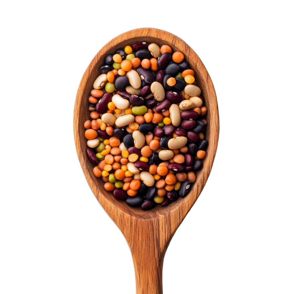 A wooden spoon filled with a colorful mix of grains and beans on a clean transparent background, grains mix beans in wood spoon on transparent background png