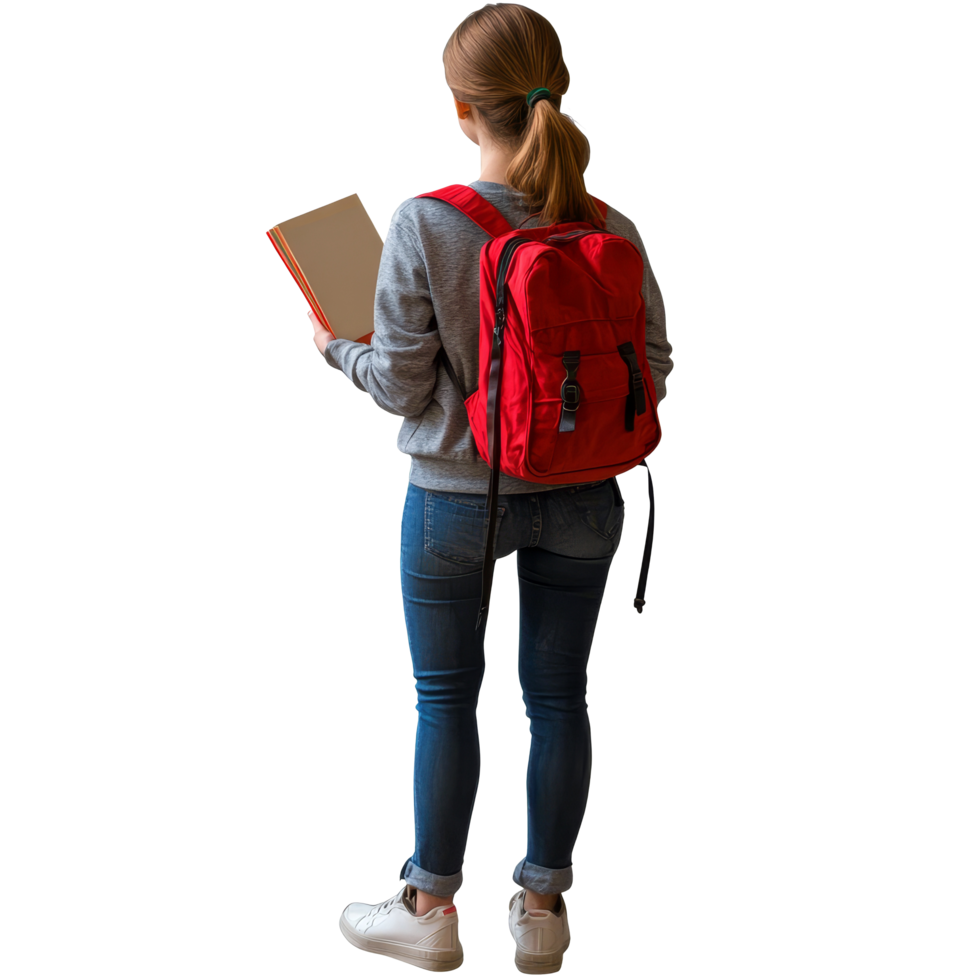 Student holding a book while standing with a red backpack in a learning environment, Student standing and holding a book back view PNG file no background