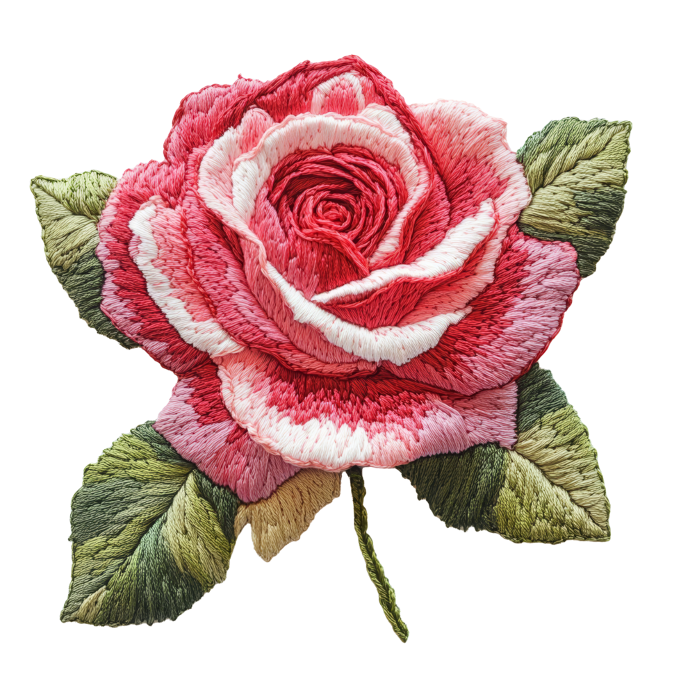 Detailed embroidery of a vibrant rose flower with lush green leaves on a transparent background, Embroidery rose flower on a transparent background png