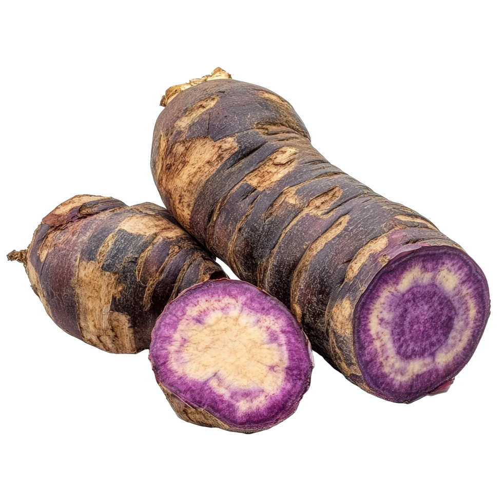 Sweet taro root isolated on transparent background showcasing its distinct purple flesh and textured exterior, sweet taro root isolated on transparent background png