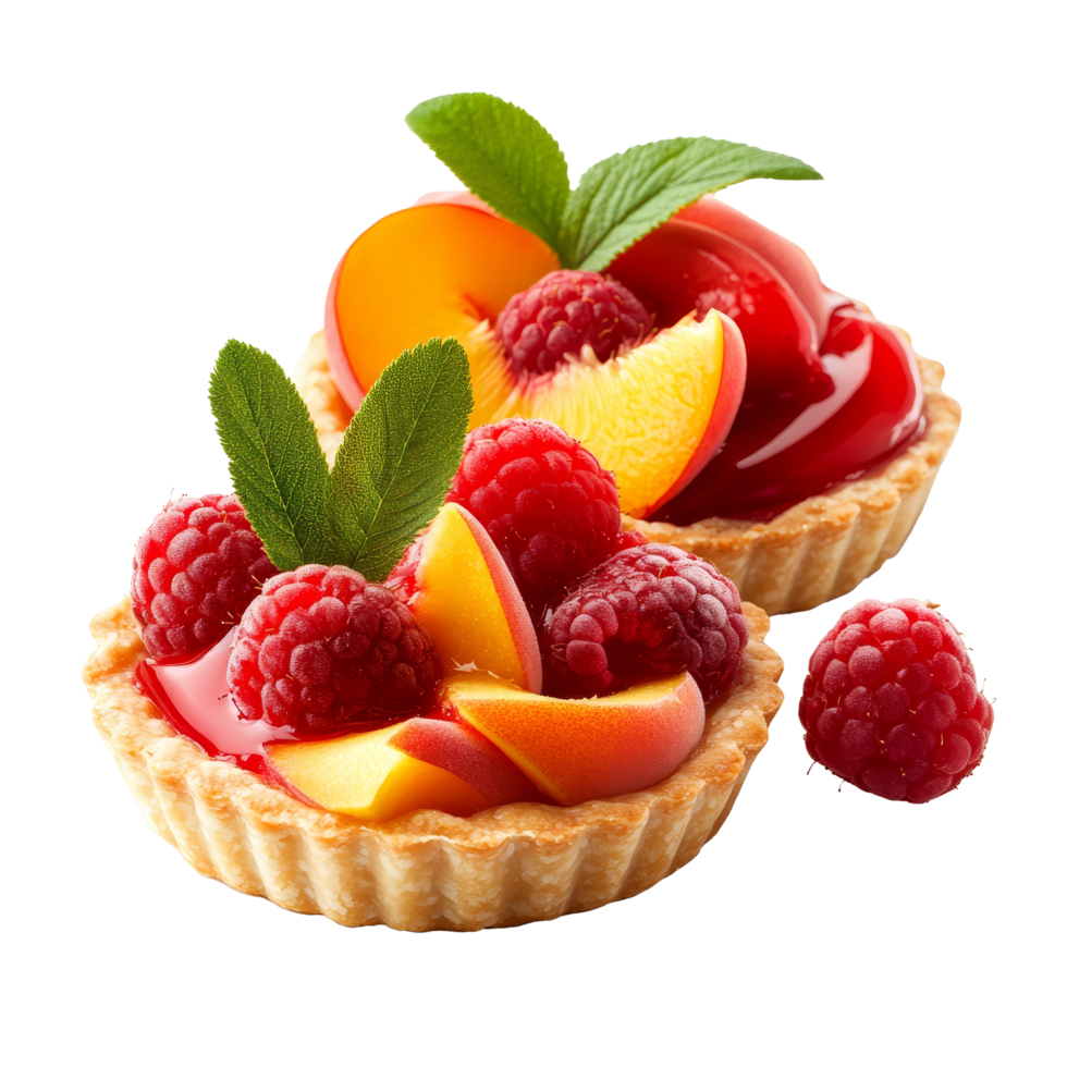 Gourmet tarts filled with strawberries, peaches, raspberries, and a glossy glaze ready for dessert, Gourmet Tarts with Strawberries, Peaches, and Raspberries on transparent background png