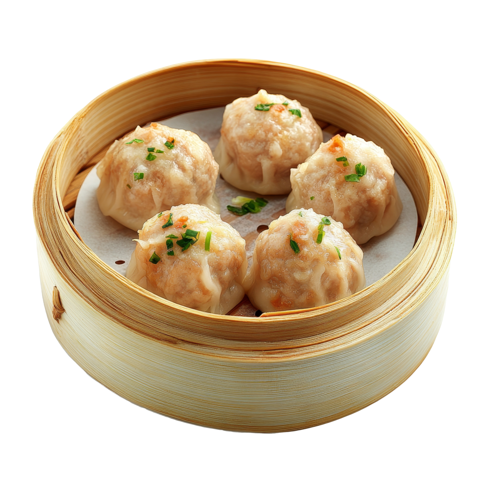 Steamed meatball dim sum served in a bamboo basket with a transparent background for an appetizing presentation, steamed meatball, dim sum food isolated on transparent background png