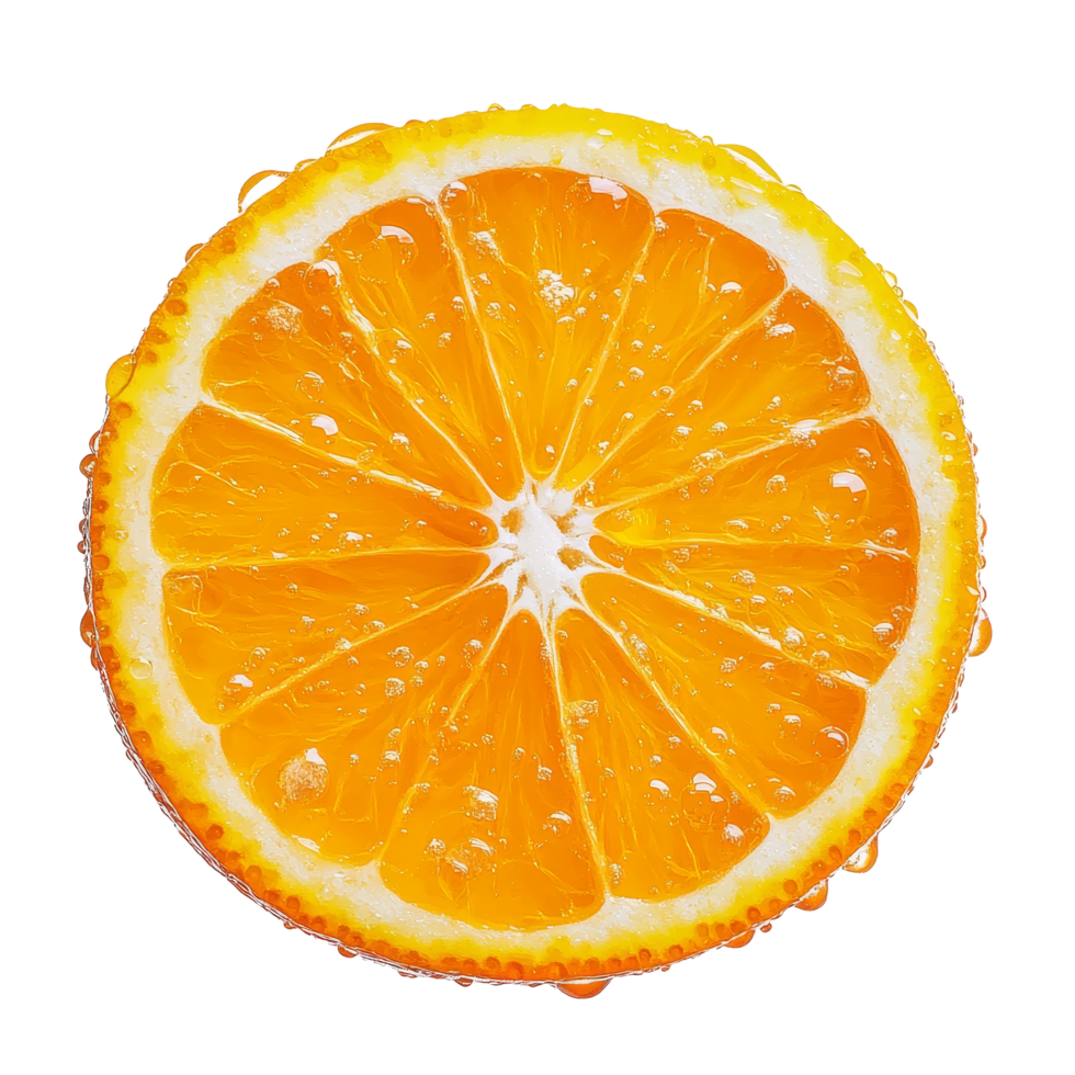Fresh orange slice glistening with water droplets on a clean transparent background, inviting a refreshing taste, orange slice with drop of water on transparent background png