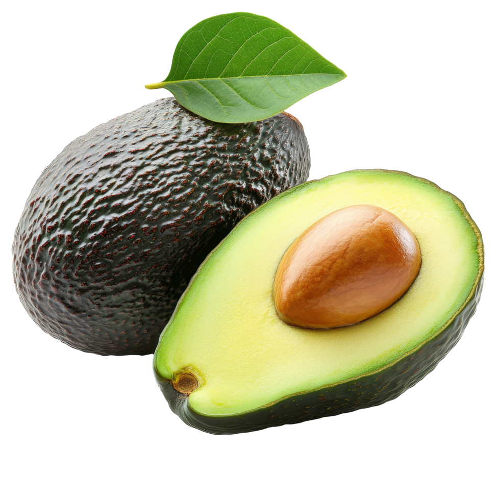 Fresh avocado cut in half showcasing creamy flesh and seed on a transparent background, avocado isolated on transparent background png