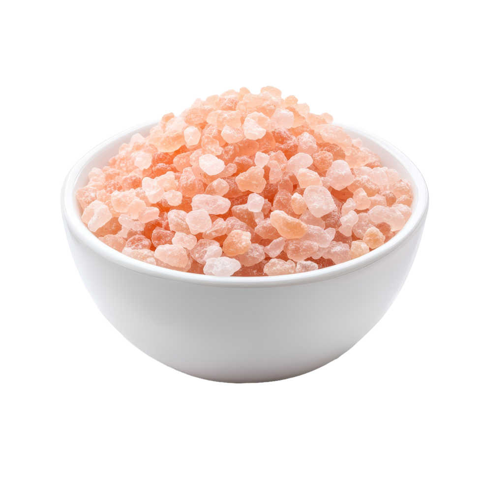 Himalayan pink salt in a transparent bowl on a clean transparent background with a focus on its natural color and texture, Himalayan pink salt in transparent bowl isolated on transparent background png