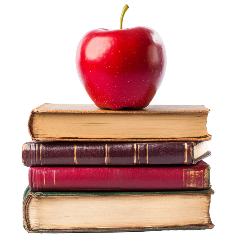 Fresh red apple resting on a stack of vintage books against a transparent background, Red Apple on Stack of Books on transparent background School Learning Concept png