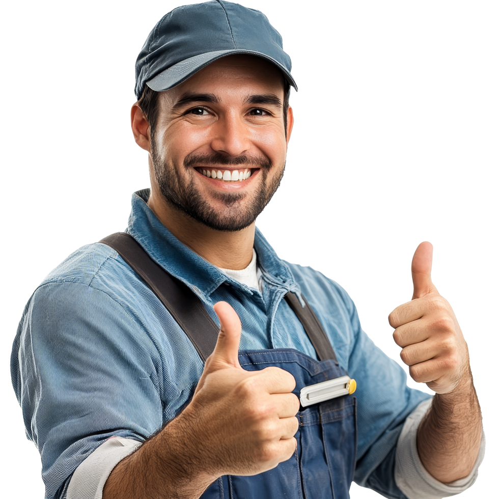 Smiling repairman gives a thumbs up while showcasing his satisfaction in a bright, welcoming workshop setting, Smiling repairman giving a thumbs up png
