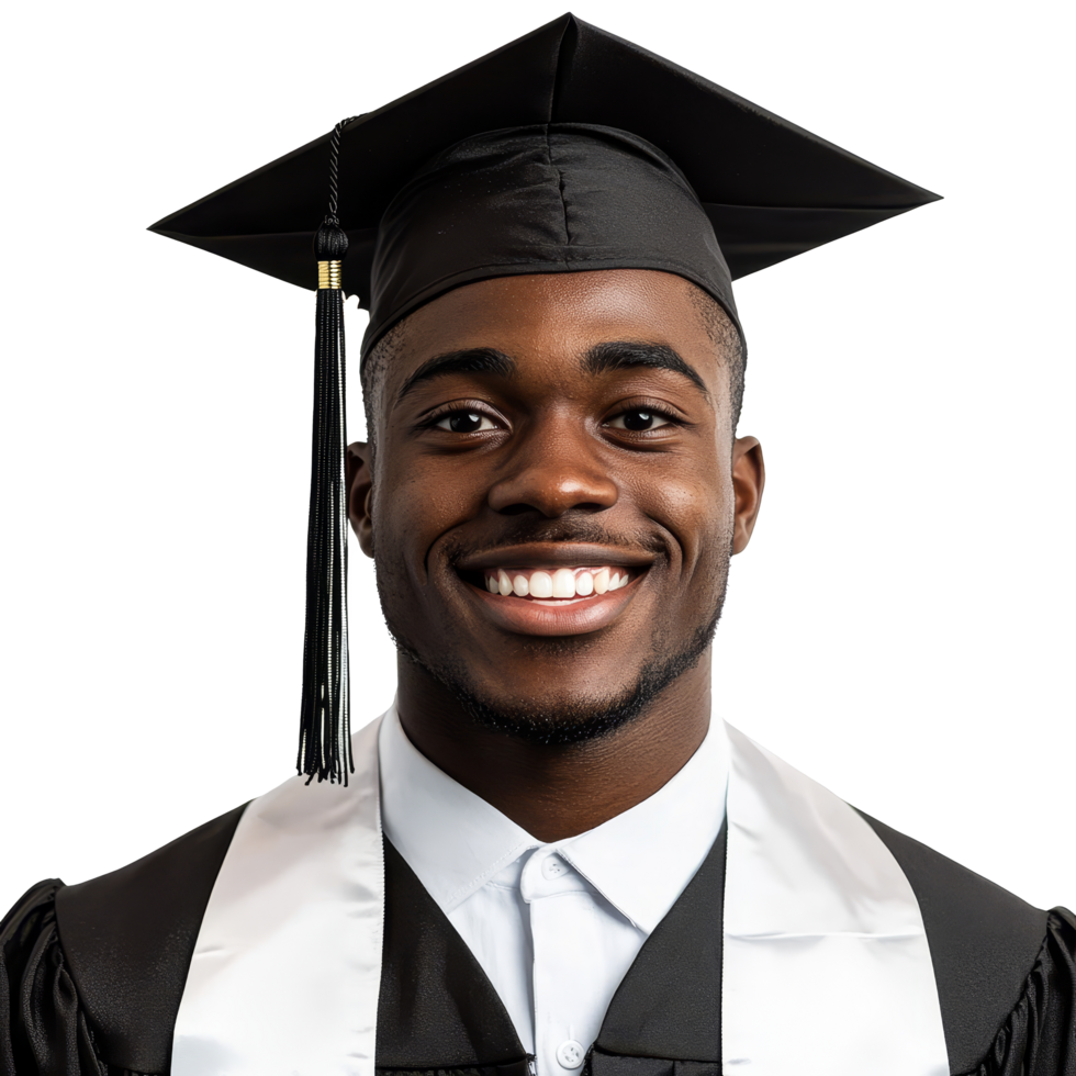 Smiling Black male graduate wearing a cap and gown, excited for the future on a bright transparent background, Smiling Black Male Graduate Ready for Future on transparent background png