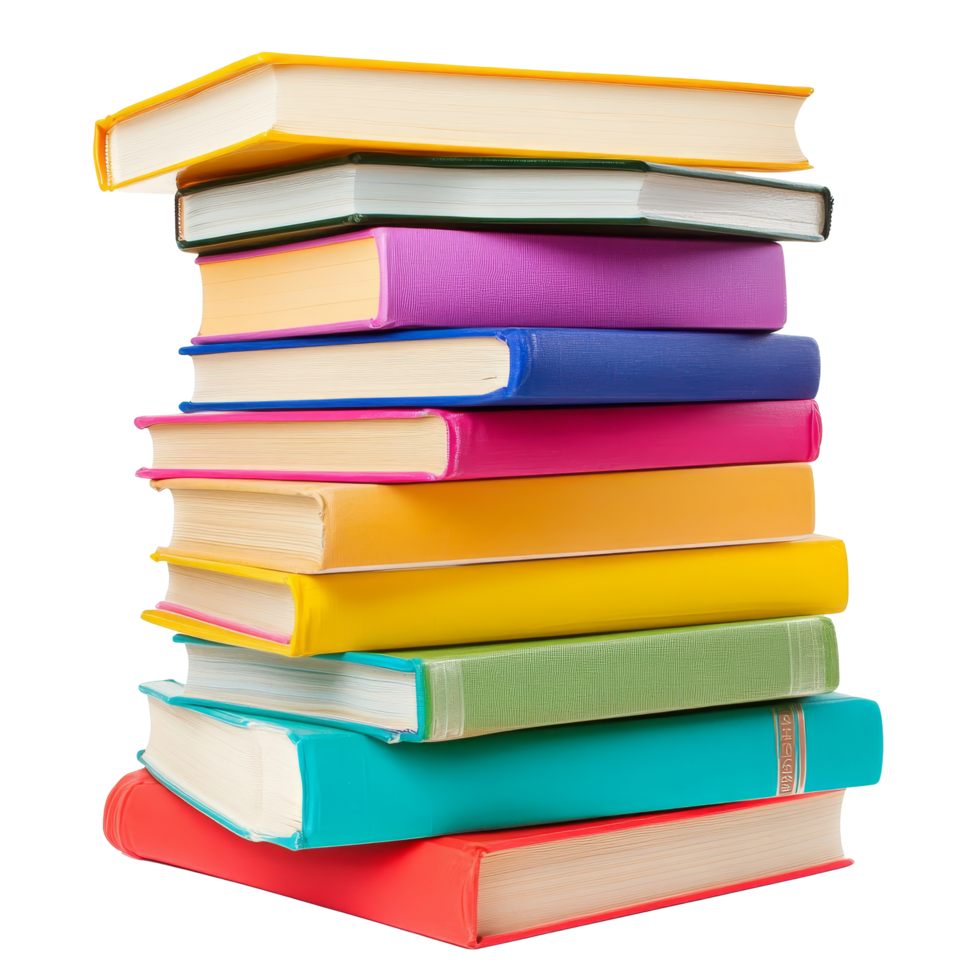Colorful stack of various-sized books isolated on a transparent background, Stack colorful books of varying sizes isolated on transparent background png