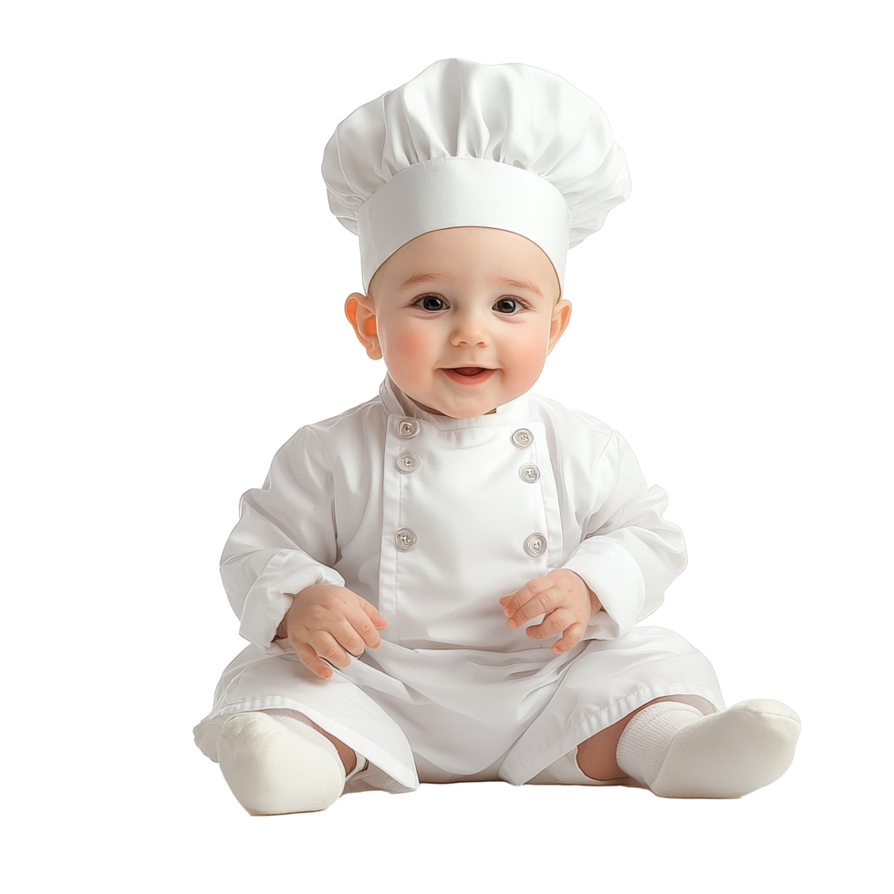 Adorable baby boy dressed in a chef's outfit sitting on a transparent background creating a playful scene, Baby Boy in Chef's Outfit on transparent background png