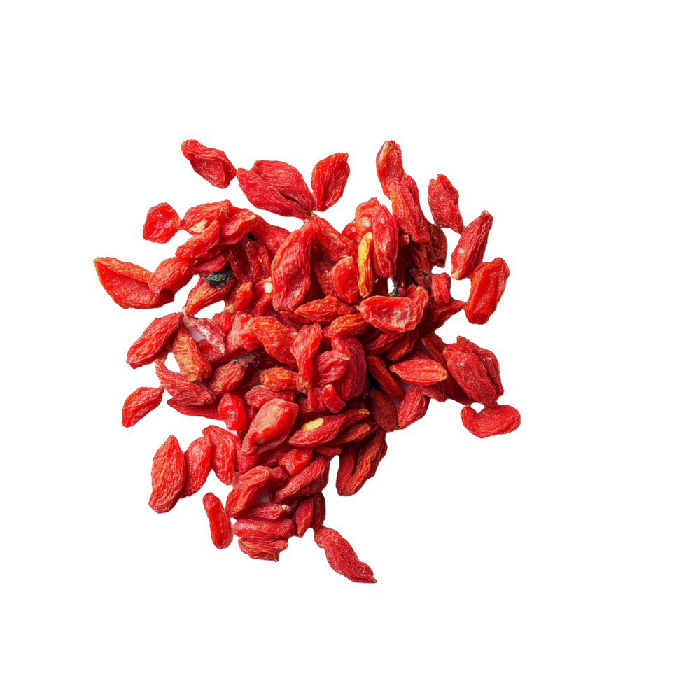 Dried goji berries scattered on a transparent background showcasing their vibrant red color and unique shape, dried goji berries on transparent background png