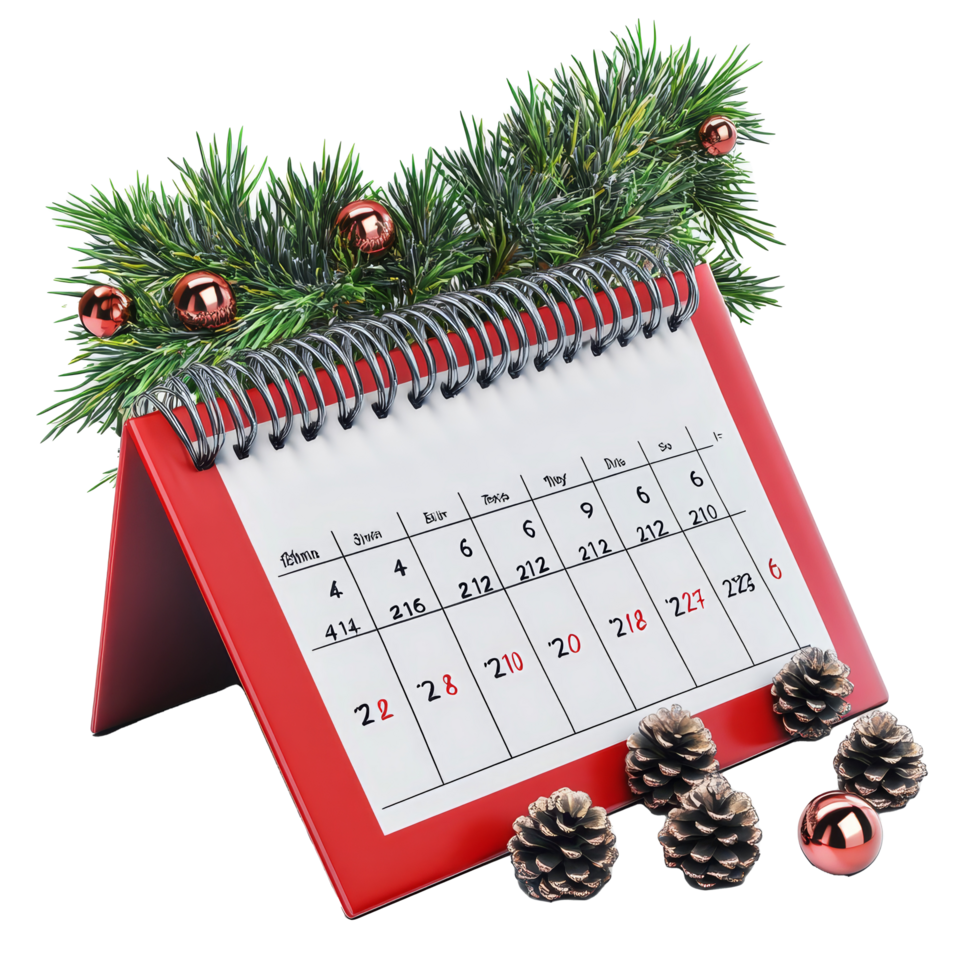 December table calendar with pine branches and holiday decorations on a transparent background, table calendar 2023 december isolated on transparent background png