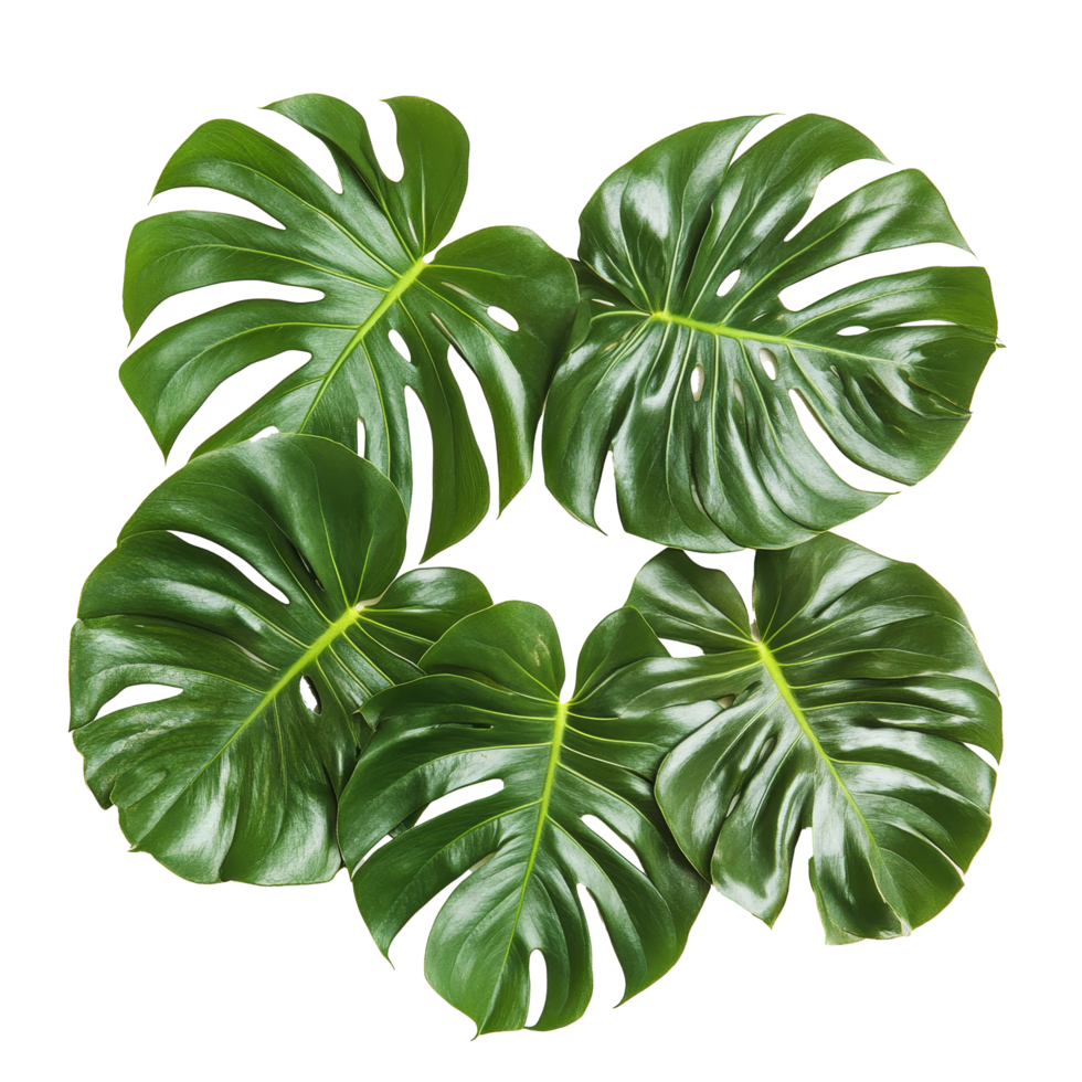 Fresh monstera leaves arranged on a transparent background, showcasing their vibrant green color and unique shape, Monstera leaves isolated on transparent background png