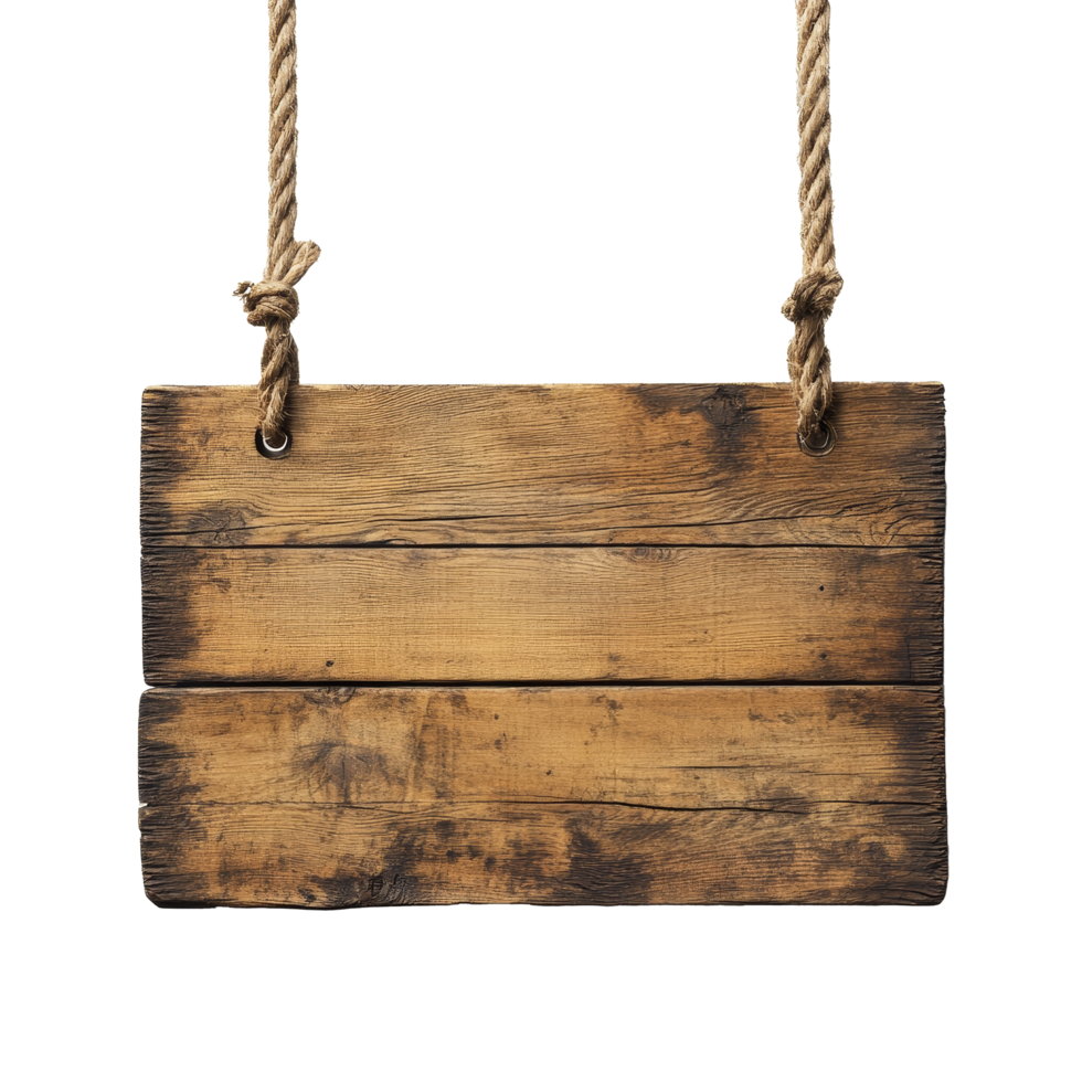 A rustic wooden signboard hanging from rope against a transparent background for decorative or functional purposes, Hanging Wooden Signboard On transparent background png