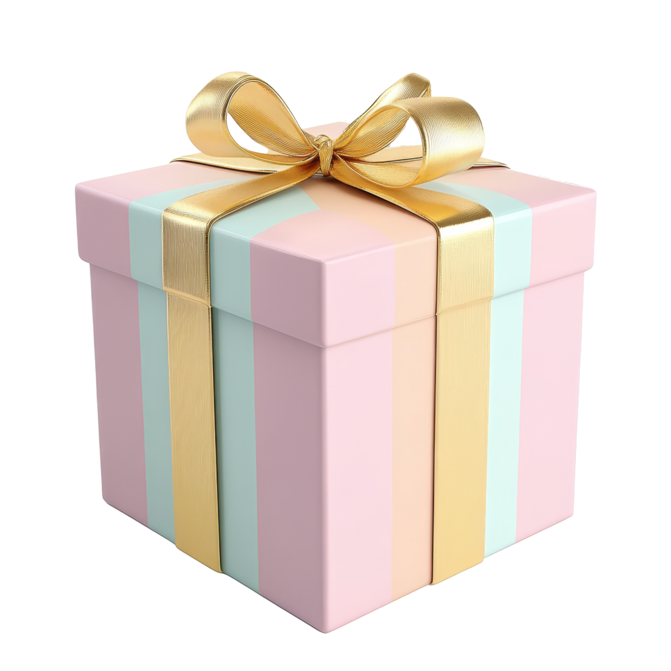 A beautifully wrapped pastel gift box featuring a shiny gold ribbon perfect for special occasions, pastel color Gift box with gold ribbon 3d render isolated on a transparent background png