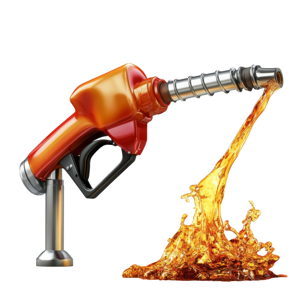 Gasoline pouring from a pump nozzle on a transparent background during a fuel dispensing activity, Gasoline gushing out from pump isolated on transparent background png
