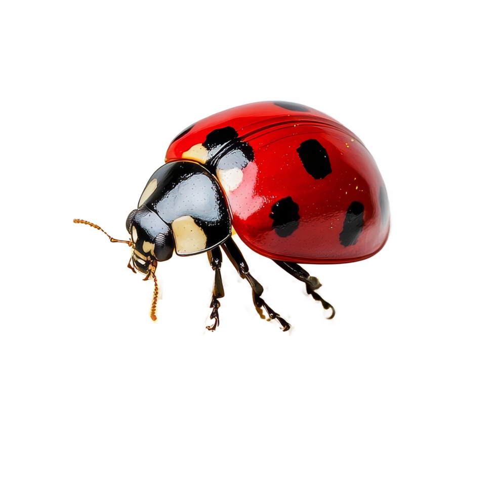 Close-up of a vibrant red ladybug resting on a chamomile flower with a soft transparent background, close up red ladybug on camomile flower, transparent background, spring concept, png