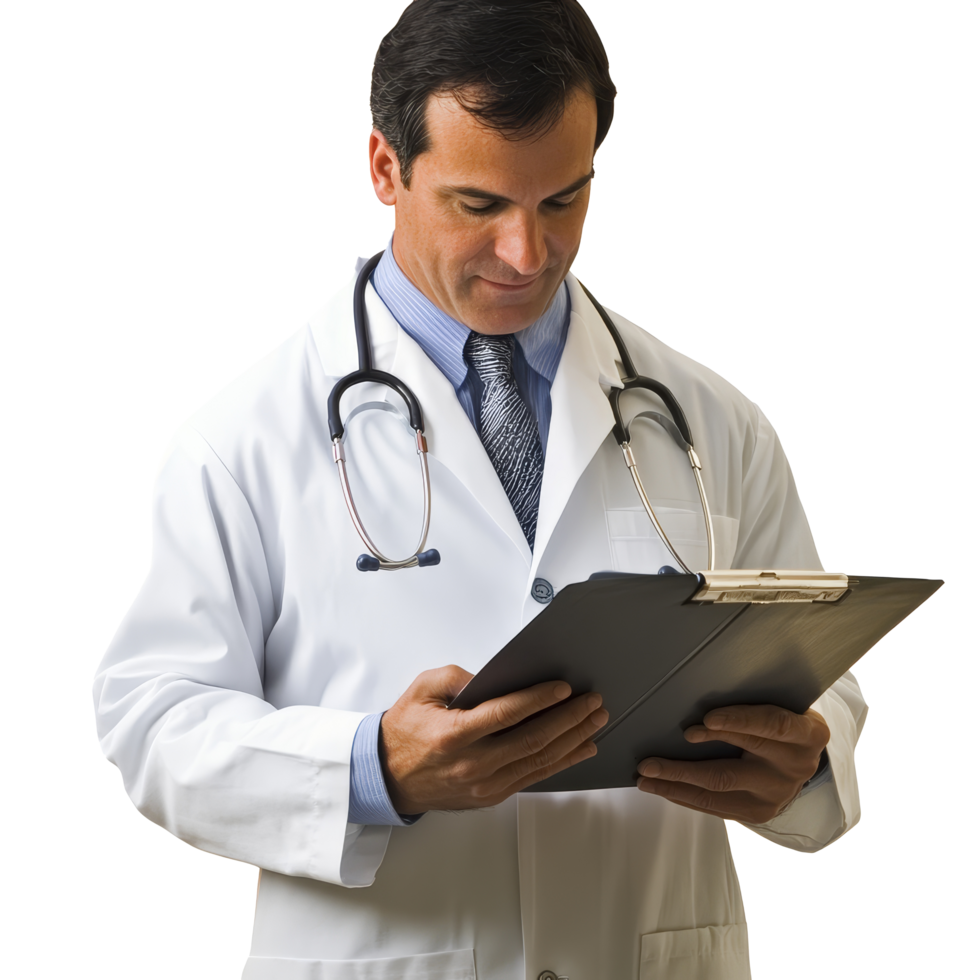 Doctor examining patient records in a medical setting during daytime, PNG file no background Doctor checking patient's medical records