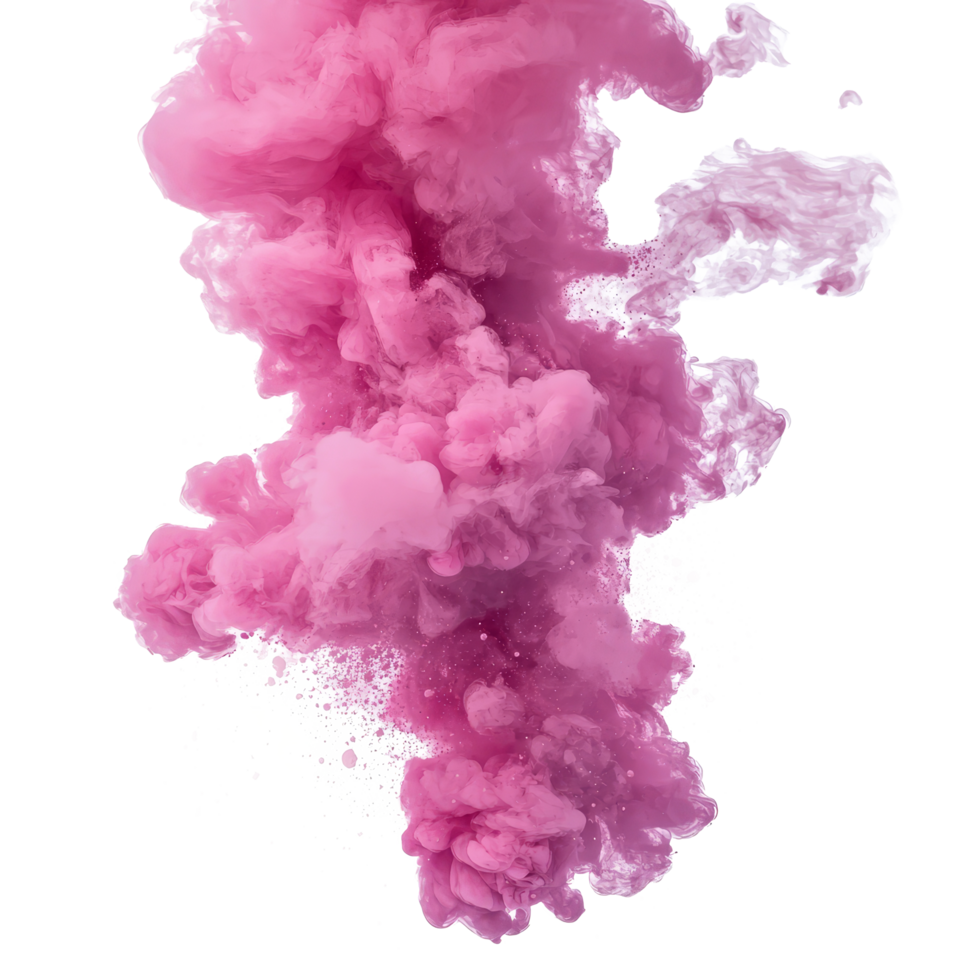 A vibrant pink smoke explosion fills the air during an artistic display in a creative workshop setting, Colorful pink smoke paint explosion, color fume powder splash on transparent background png