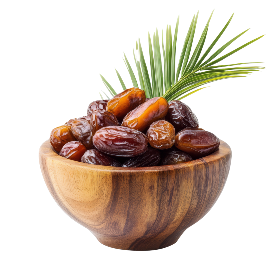 Fresh date palm fruits in a wooden bowl with a palm leaf on a transparent background, date palm in wood bowl isolated on transparent background png