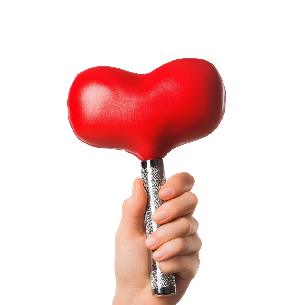 A heart-shaped weight held in hand symbolizes fitness and love for exercise on a plain background, Heart holding barbell in hand on transparent background Healthy concept png