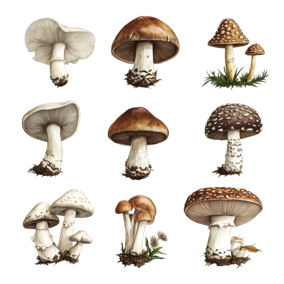 A collection of retro vintage mushroom illustrations on a transparent background showcasing various types and features, Various types of retro vintage mushroom transparent background png