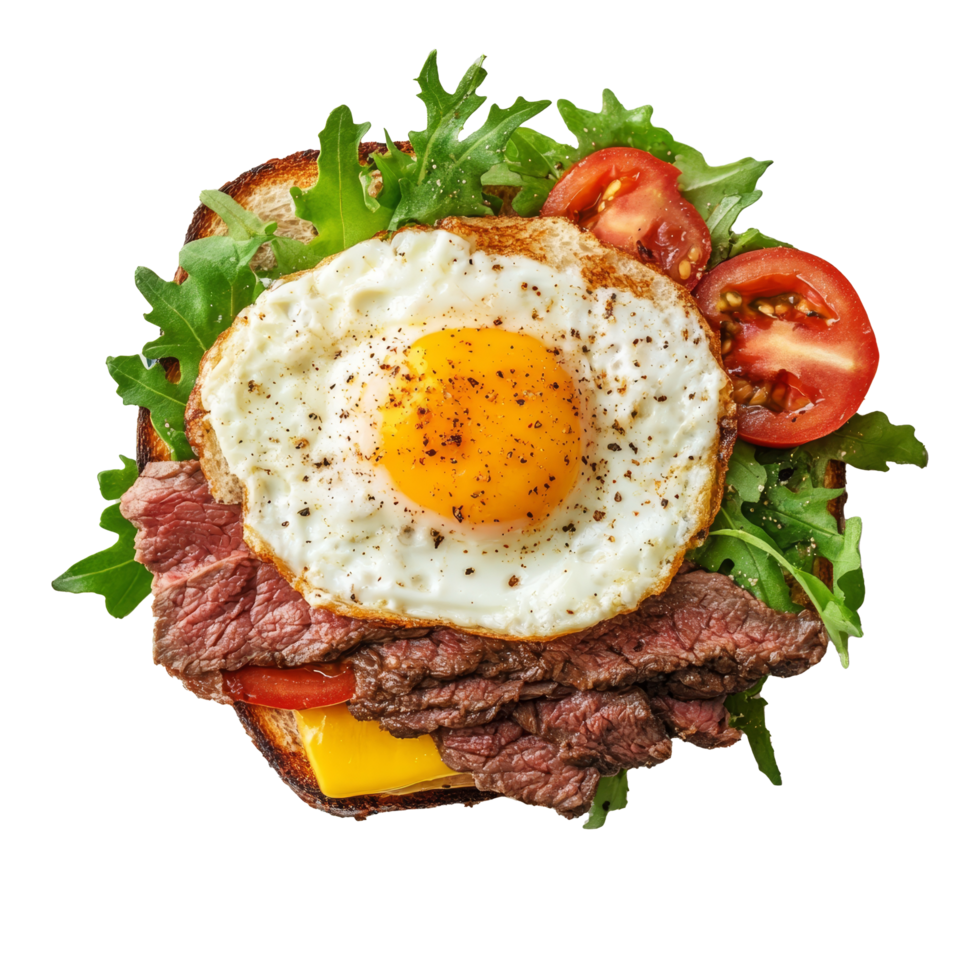 Delicious beef and egg sandwich served on a toasted bread topped with fresh vegetables, perfect for any meal, sandwich of beef and eggs top view isolated on transparent background png