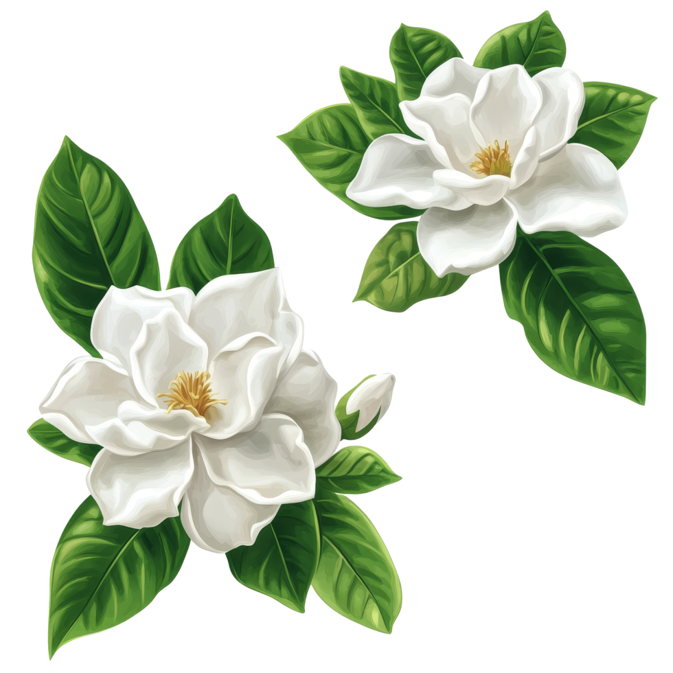 Beautiful gardenia flowers with lush green leaves isolated on a transparent background for decorative purposes, Gardenia flowers isolated on transparent background png