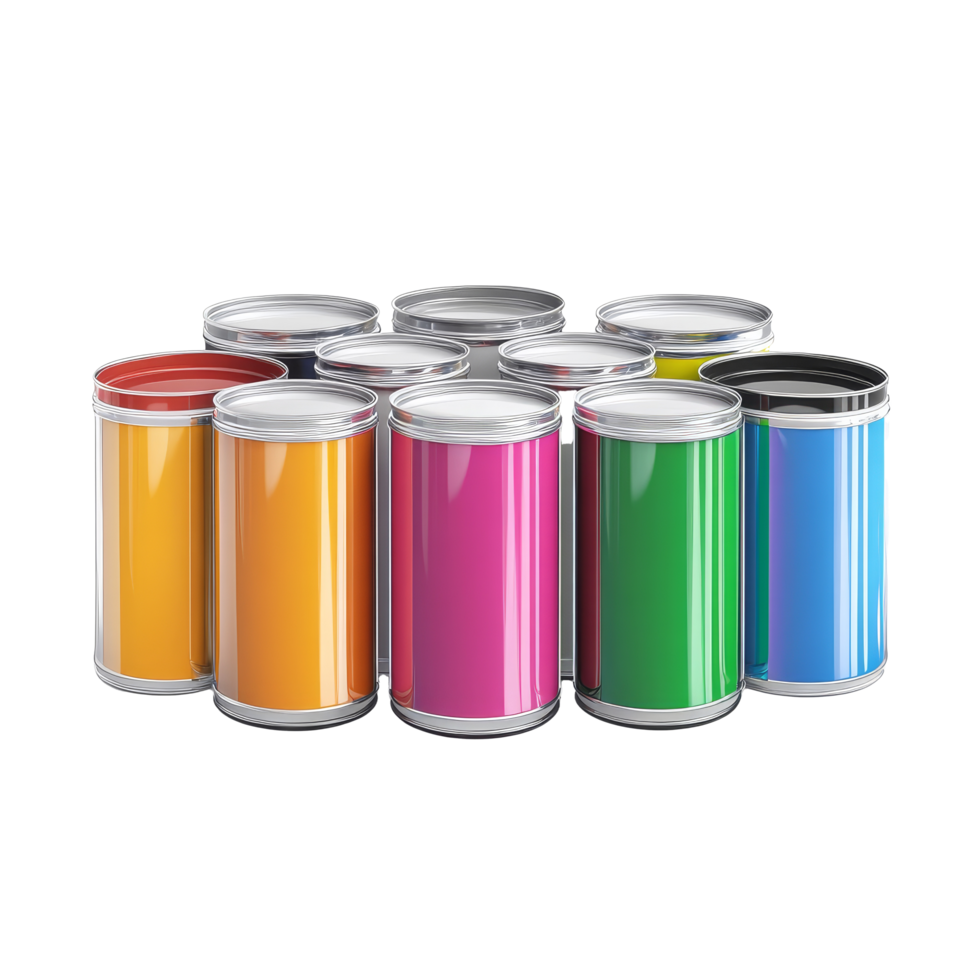Isolated collection of colorful paint cans arranged with distinct shadows on a transparent background, of paint cans, file of isolated object with shadow on transparent background png