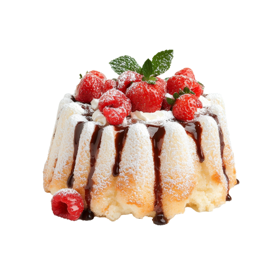 Delicious angel food cake topped with fresh strawberries and chocolate sauce on a transparent plate, angel cake on plate isolated on transparent background png