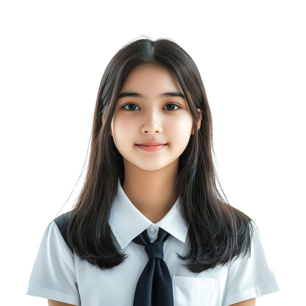A Thai student girl in a school uniform smiles brightly against a plain background, Asian teen Thai student girl with school uniform. isolated on transparent background transparent background. png