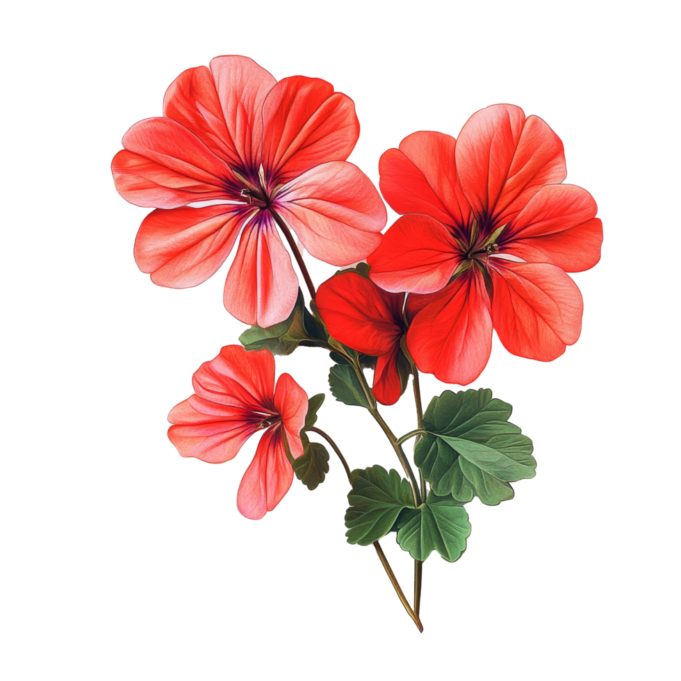 Vibrant geranium flowers isolated on a clean transparent background showcasing their delicate petals and lush greenery, vibrant geranium in style, isolated on a transparent background for design layouts png