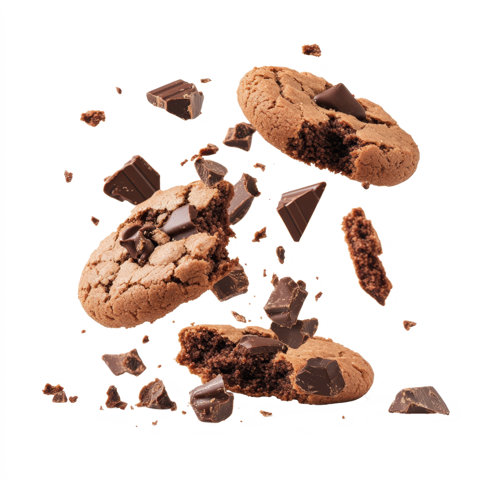 Delicious chocolate cookies breaking apart and falling against a clean transparent background, Falling broken chocolate cookies on transparent background png