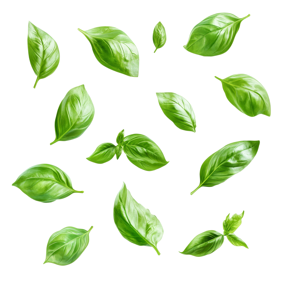 Fresh green basil leaves floating in the air against a clean transparent background providing a vibrant look, various of green basil leaves in the air isolated on transparent background png