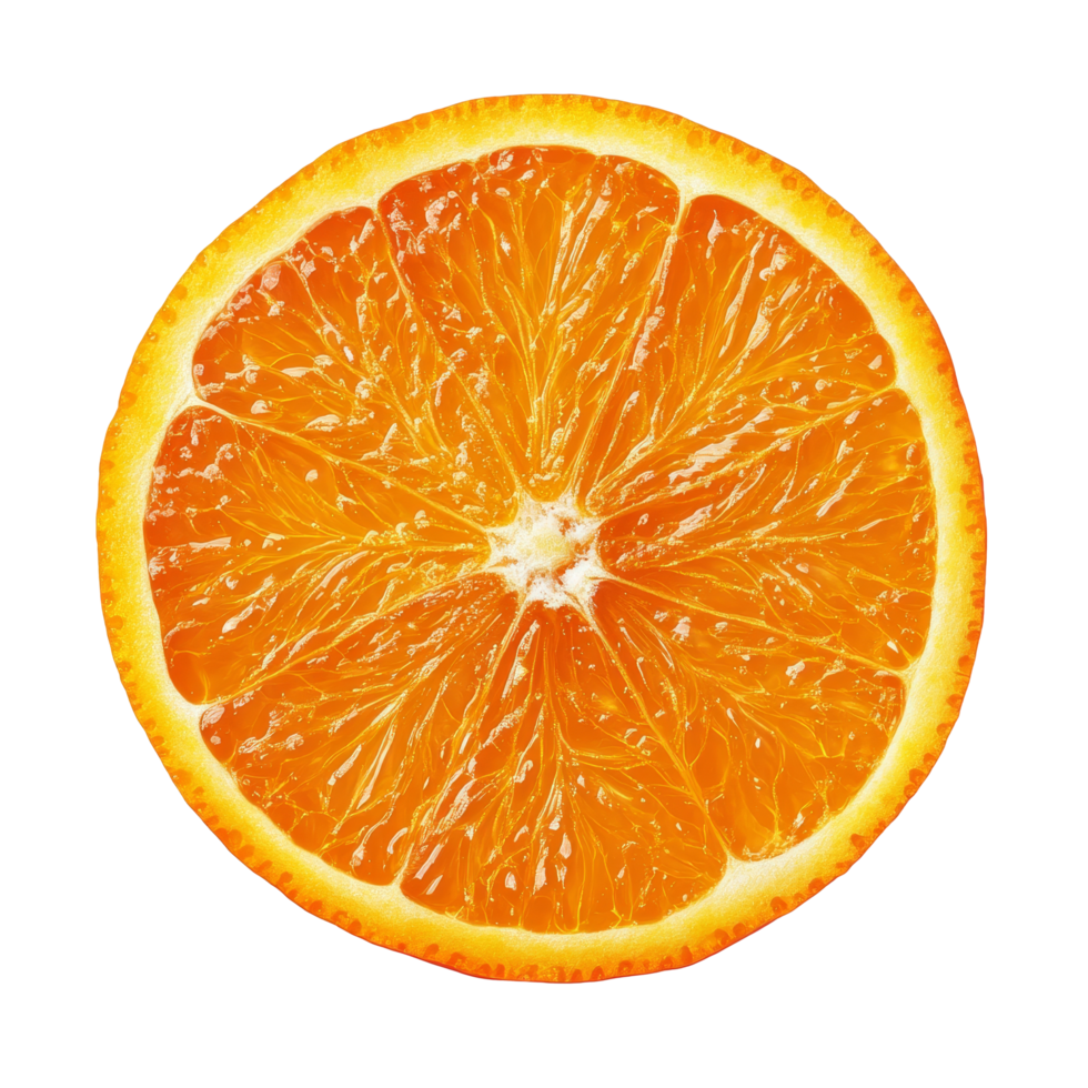 Vibrant orange slice isolated against a clean transparent background showcasing its juicy texture and bright color details, Orange slice isolated on transparent background png