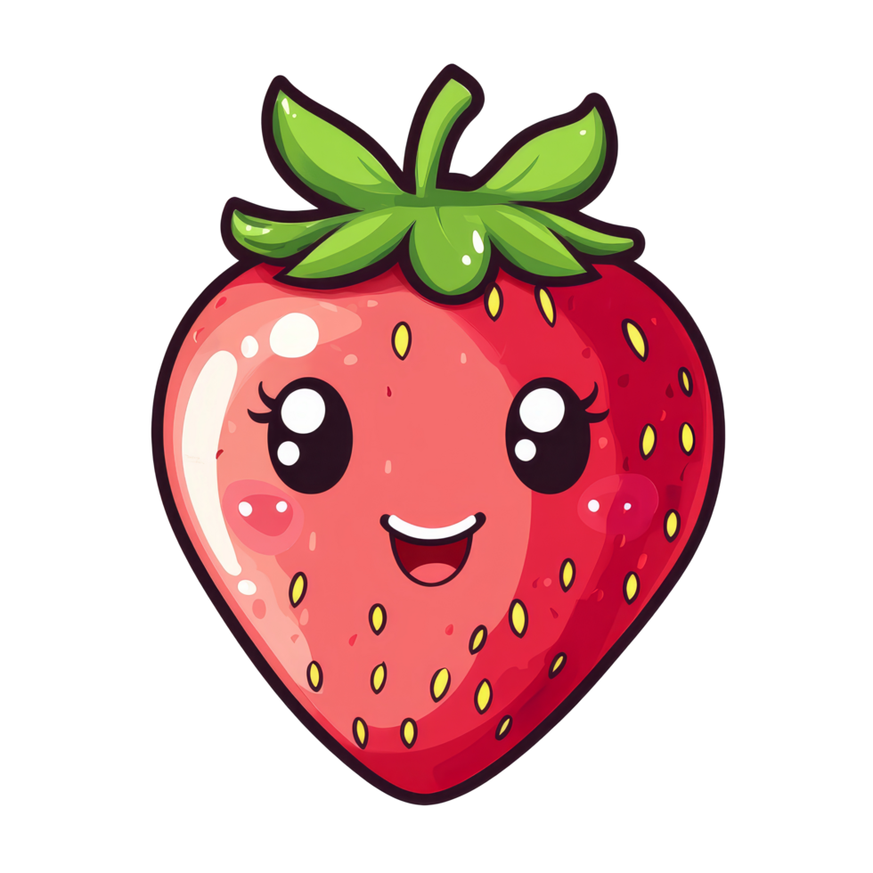 A cheerful kawaii strawberry character with a big smile on a clean transparent background, perfect for brightening up any design, Cute kawaii strawberry fruit on a transparent background png