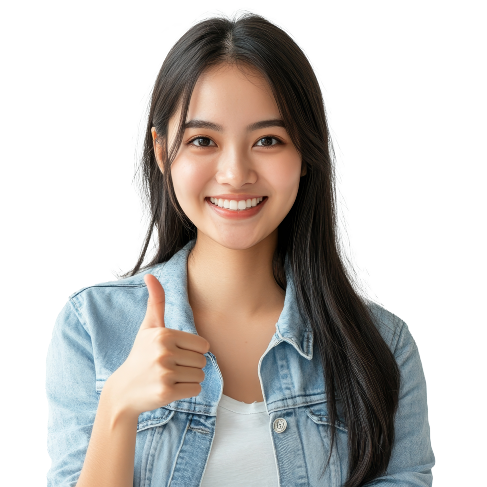 Happy young Asian woman joyfully gesturing with a thumbs up in a bright, minimalistic indoor setting, Happy young Asian woman feeling happiness and gesture thumb up with transparent background png