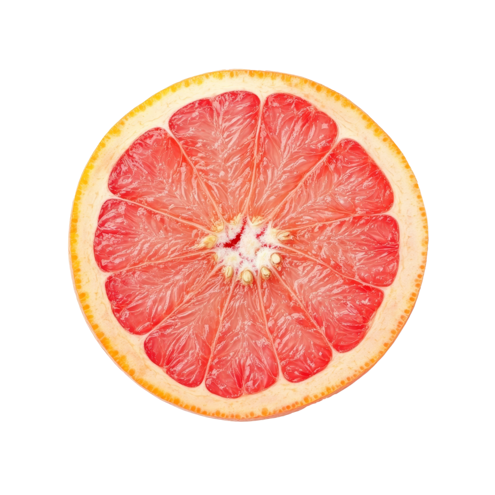 Ripe half of pink grapefruit lays isolated on a clean transparent background for culinary and health purposes, Ripe half of pink grapefruit citrus fruit isolated on transparent background png