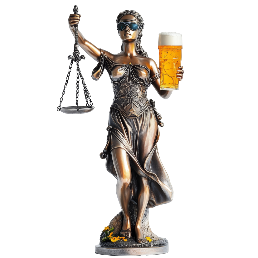 Funny Lady Justice statue holding a beer while wearing sunglasses in a playful display of law and leisure, Funny Lady Justice Statue with Beer and Sunglasses on transparent background png