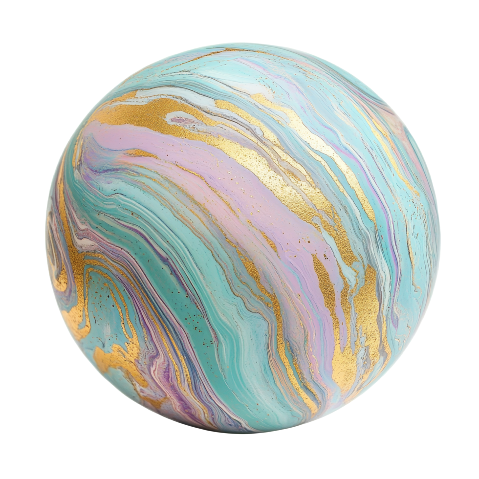 A colorful marble sphere with pastel colors and gold accents placed on a smooth surface showcasing, colorful marble sphere pastel mate color with gold stain isolated on transparent background png