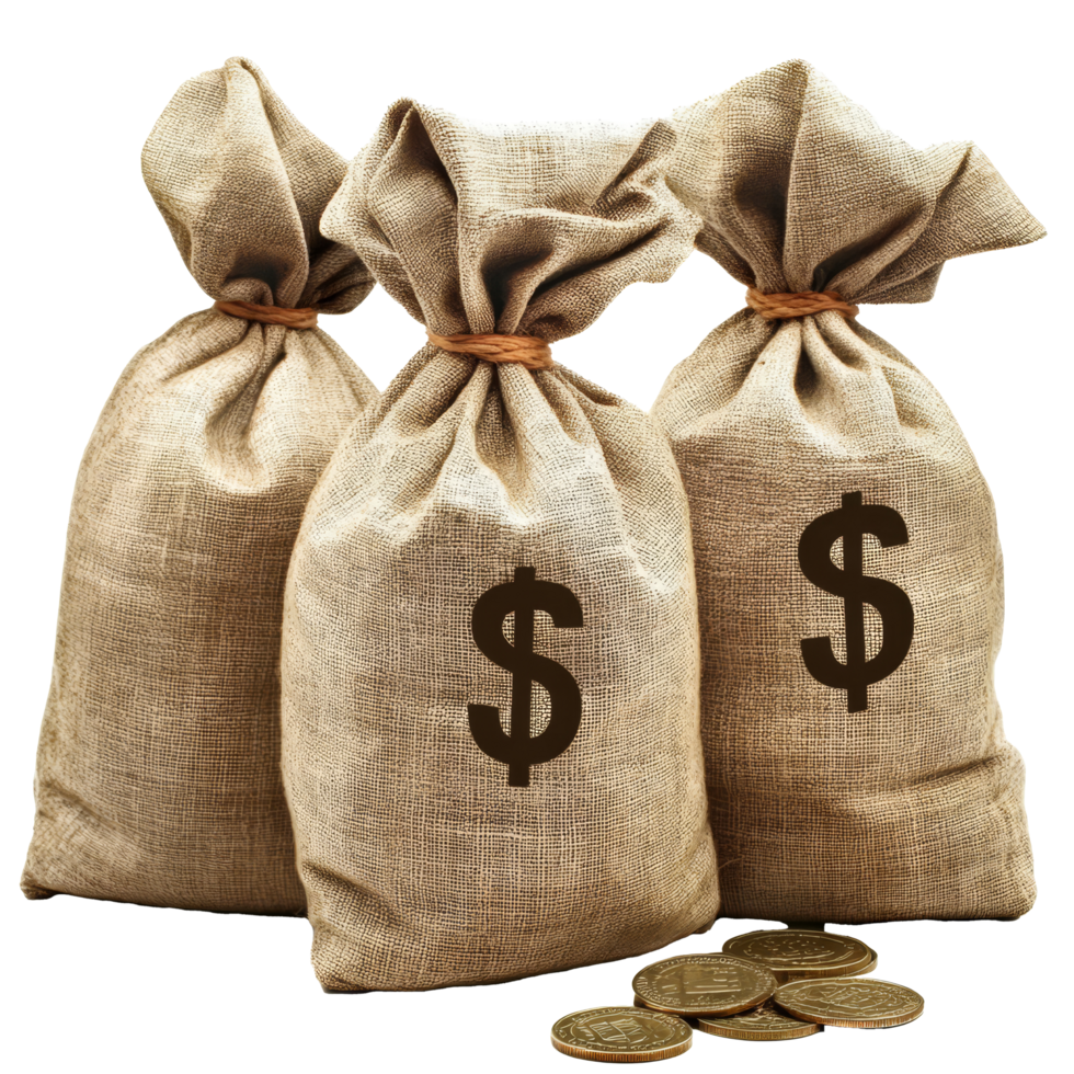Money bags filled with coins featuring dollar signs arranged on a clean transparent background, money bags with dollar sign and coin on transparent background png