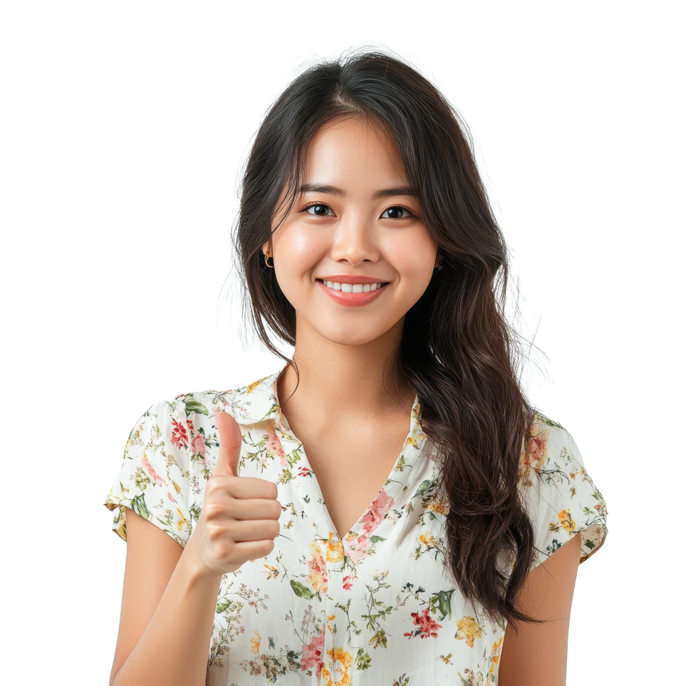Happy Asian woman giving a thumbs up while smiling in a floral blouse against a neutral background, Portrait happy Asian woman shows thumb up and looking at the camera transparent background png