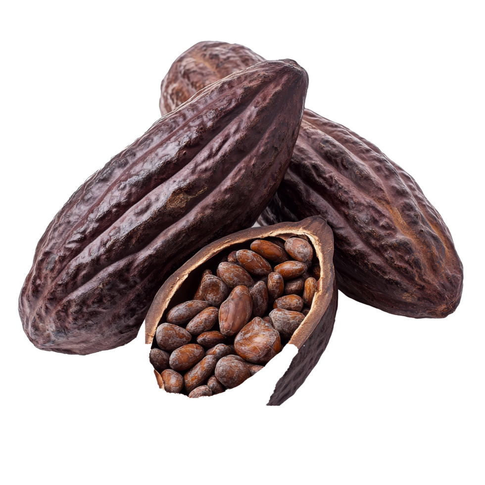 Ripe cocoa fruits on a transparent background showcasing their natural texture and seeds for culinary inspiration, ripe cocoa fruits isolated on transparent background png