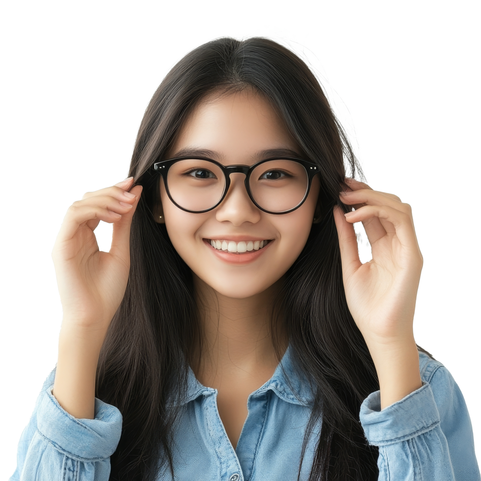 Happy young Asian student girl with glasses standing and smiling in a bright indoor setting, Happy Young Asian student girl with glasses standing over transparent background png