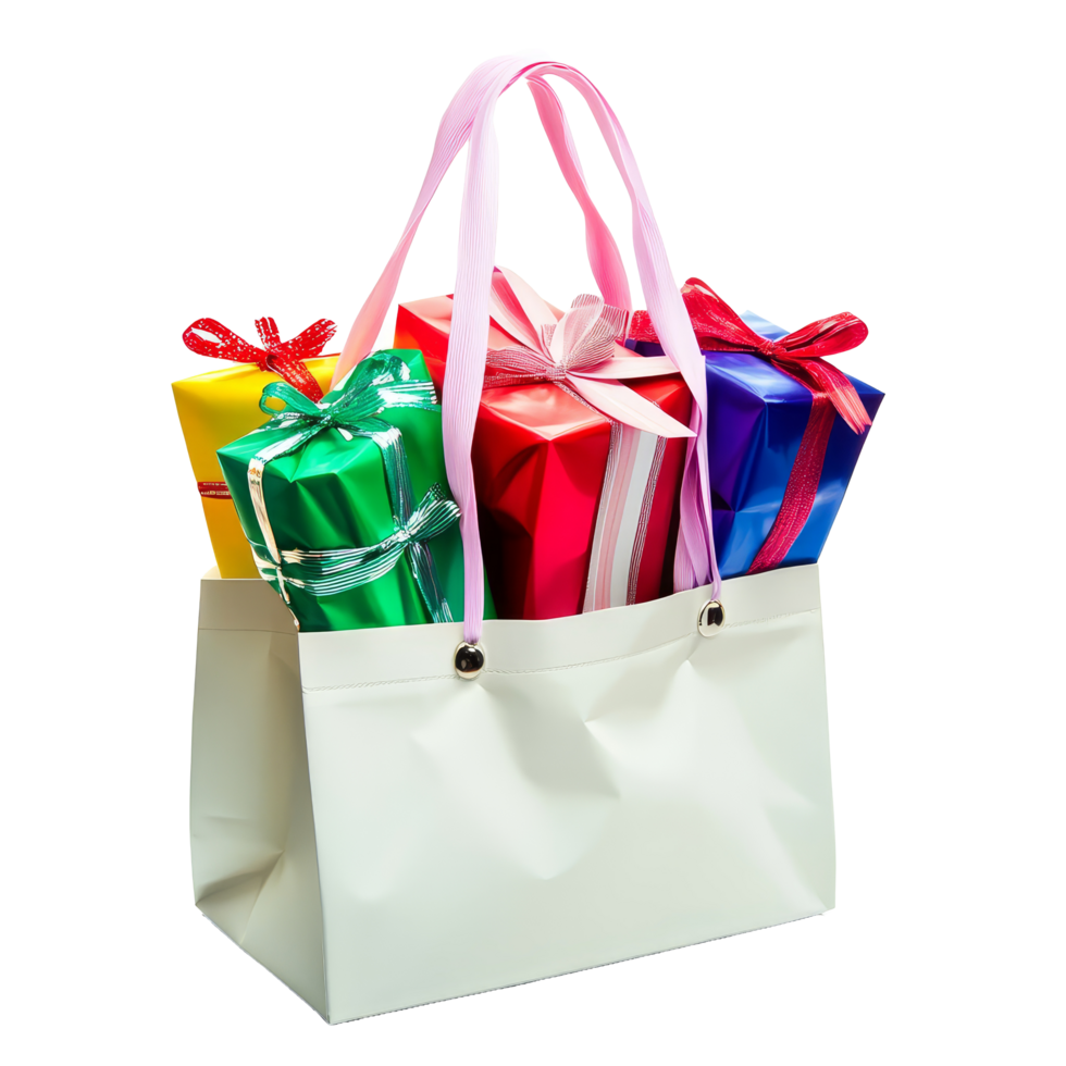 A shopping bag filled with colorful gifts ready for any festive occasion, Shopping bag full of gifts isolated png