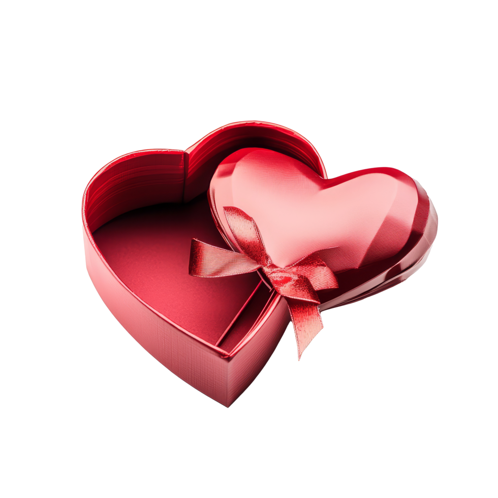 A red heart-shaped open gift box with a smaller heart inside on a transparent background ready for special occasions, Red heart shape open gift box isolated on transparent background png