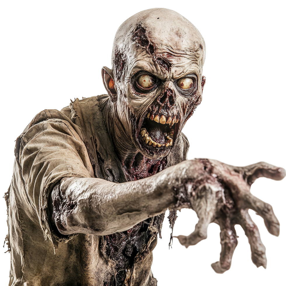 A terrifying zombie with an outstretched arm and chilling features isolated against a plain transparent background, Scary Zombie Portrayed Isolated on transparent background png