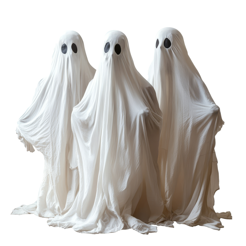 Three people in ghost costumes celebrate Halloween in playful disguise against a transparent background, People disguised in a ghost for halloween isolated on transparent background png