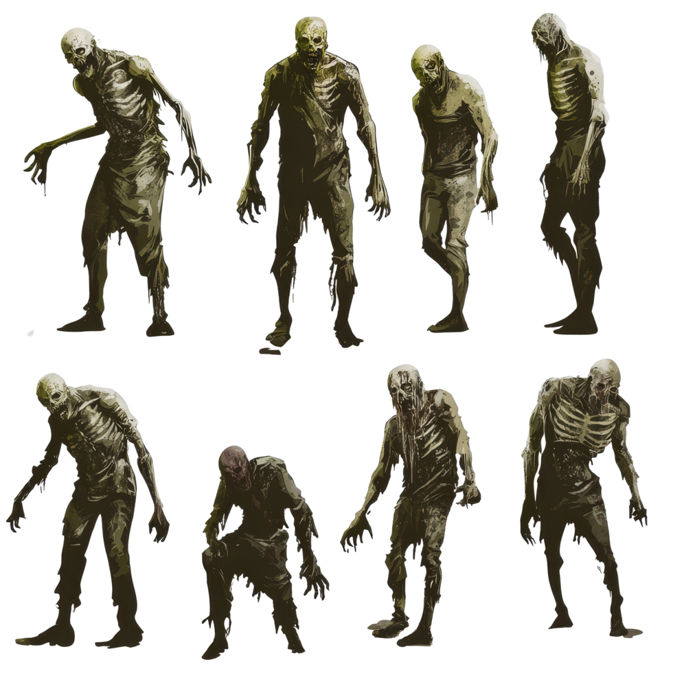 Isolated spooky zombie characters posed on a transparent background for Halloween or horror themed artwork, Isolated Zombies Spooky Characters on transparent background Horror concept png