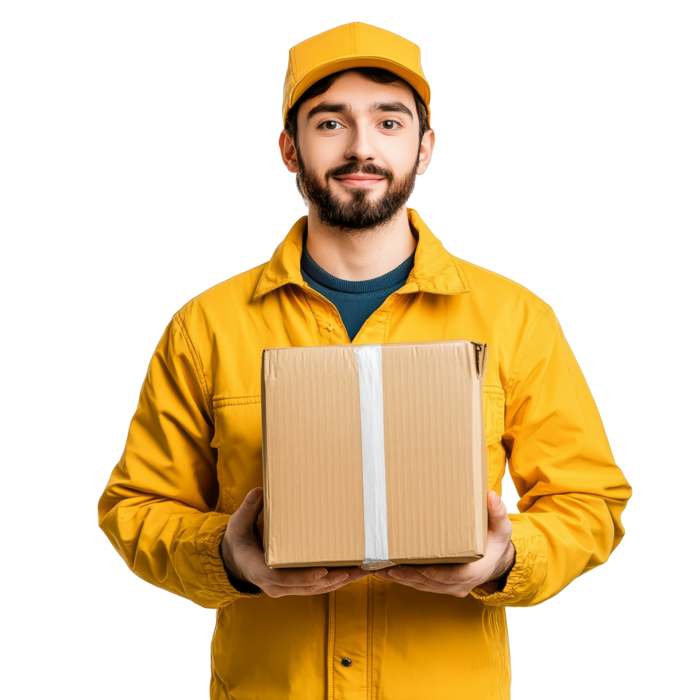 A delivery man in a bright yellow uniform holding a package against a clean transparent background, Delivery Man with Package Isolated on transparent background png
